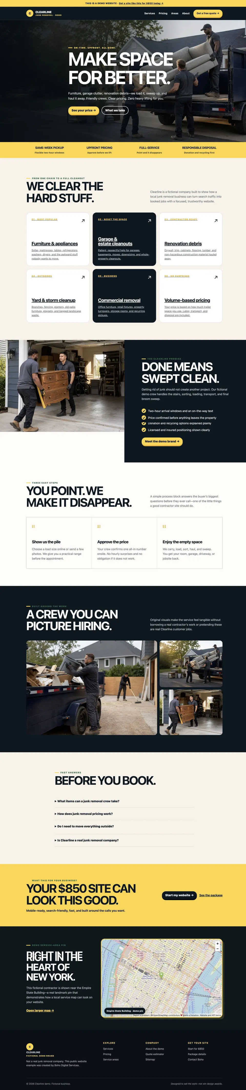 Full homepage preview of Boho's junk removal website demo.