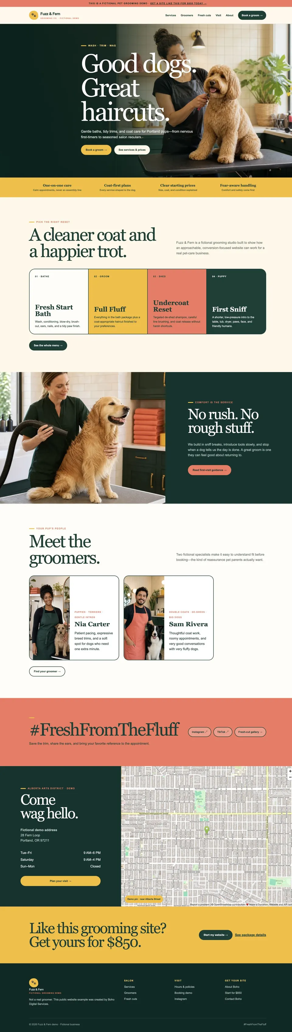 Full homepage of the Boho pet grooming demo website.