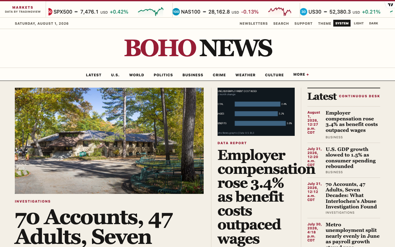 Homepage of Boho News, a Boho-owned public property.