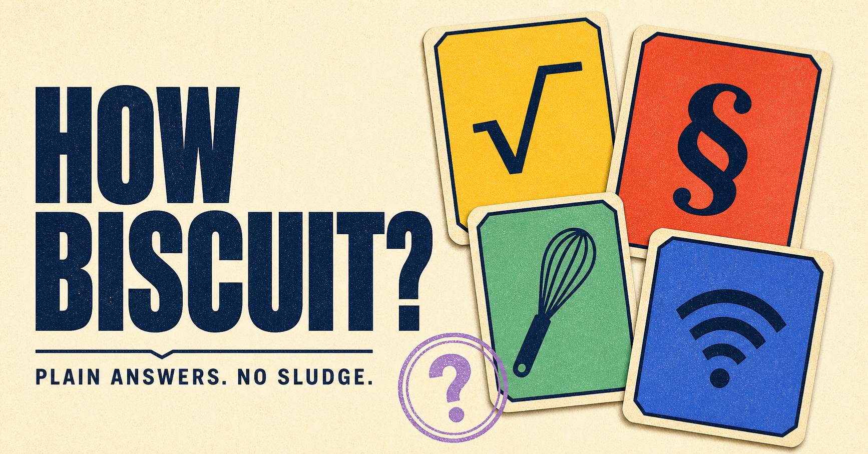 How Biscuit brand card reading ‘How Biscuit? Plain answers, no sludge’ with colorful subject tiles.